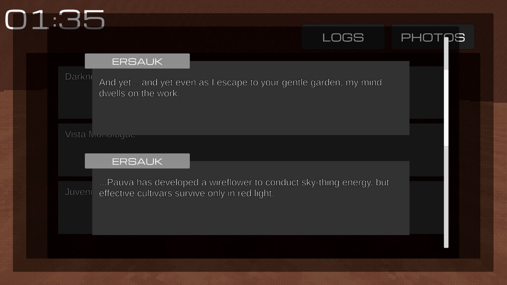 Lore logs menu in game