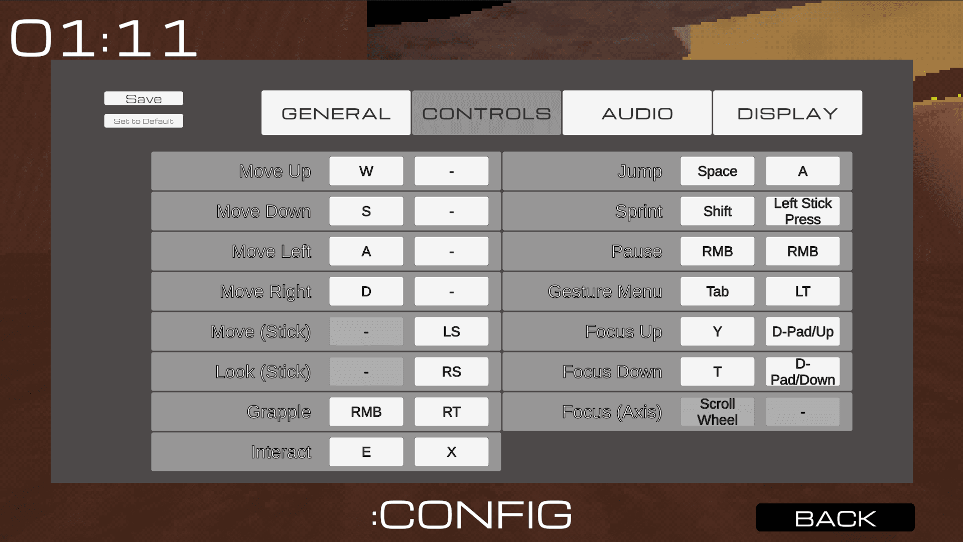 In game settings menu